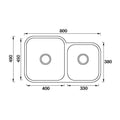 Undermount 1 & 3/4 Bowl Sink Features: 800 x 490 x 190 mm (L x W x D)Polished stainless steelSupplied with 2 designer wastes Material: Stainless steel grade 304, 18/10 Thickness: 0.8mm Mounting: Undermount only, sink clips included Note: There is no hole