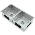 Squareline Double Bowl Sink - Linen Features: 880 x 450 x 200 mm (L x W x D)2 x 32L capacityStainless steel, linen finish5 mm Internal radiusDouble bowlPush/pull plug and waste connections.Watermarked designer waste Bowl Size: 400 x 400 x 200mm each (L x
