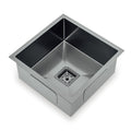 Squareline Single Bowl Linen Sink Features: 450 x 450 x 200 mm (L x W x D)32L capacityStainless steel, linen finish5 mm Internal radiusSingle bowlPush/pull plug and waste connectionsWatermarked designer waste Bowl Size: 400 x 400 x 200mm (L x W x D) Mount