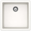 Quartz Single Bowl Sink Features: Single bowlPush/pull plug waste connectionsTop and under mount installationImpact, stain and heat resistant Material: 80% Quartz15% Acrylic Finish: Black OnyxWhite Alpina Dimensions (L x W x D): 450 x 430 x 200mm Bowl siz