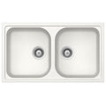 Quartz Double Bowl Sink Features: Double bowlPush/pull plug waste connectionsTop and under mount installationImpact, stain and heat resistant Material: 80% Quartz15% Acrylic Finish: Black OnyxWhite Alpina Dimensions (L x W x D): 860 x 500 x 205mm Bowl siz