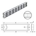 Ventilation Grill - Various Colours Version: With flanged rim Installation: For recess mounting, secure from rear with fixing clips Material: Plastic Finish: WhiteBlackSilver coloured, matt Dimensions(A x B x C x D x E): 65 x 55 x 458 x 448 x 20 mm Ventil