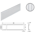 Aluminium Ventilation Grill Version: Visible edges bevelled Installation: For press fitting Material: Aluminium, with slotted flanges Finish: Silver coloured anodised F1 Dimensions (L x W): 480 x 80 mm480 x 100 mm Cut Out Dimensions(L x W): 458 x 65 mm458