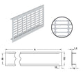 Aluminium Ventilation Grill Version: Long edges bevelled Installation: For recess mounting Material: Aluminium, with smooth flanges Finish: Silver coloured anodised E6/EV1 Dimensions(L x W): 250 x 102 mm500 x 102 mm Cut Out Dimensions(L x W): 230 x 86 mm4