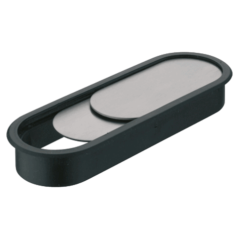 Salsa Cable Outlet Version: Two piece oval, with radius corners Material: Anodised aluminium Finish: Stainless steel coloured, matt Dimensions: 110 x 38 mm155 x 63 mm255 x 63 mm Cut-out: 263 x 67 mm Mounting: Push in Hafele