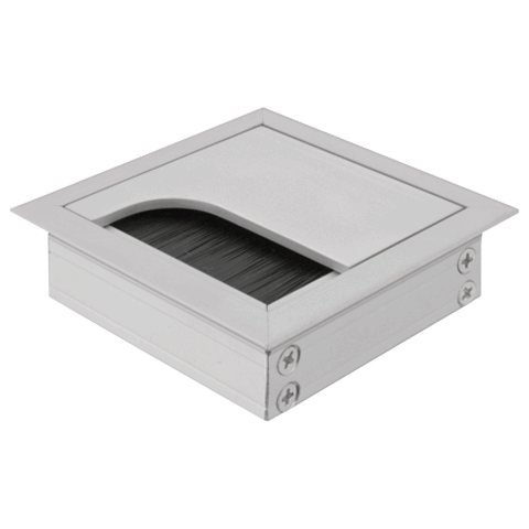 Rumba Cable Outlet - Square Version: Two piece square Material: Anodised aluminium Finish: Silver Cut-out: 67 x 67 mm Mounting: Push in Hafele