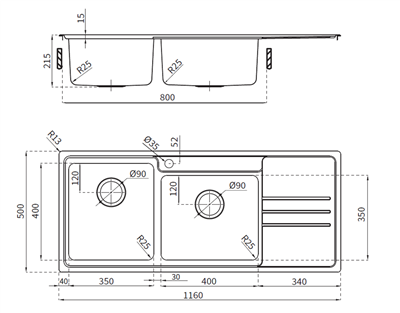 Platinum Plus 1160 Double Bowl Sink - 1 Tap Hole