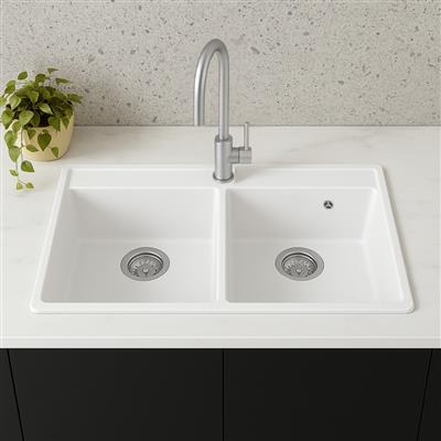 Platinum Quartz 790mm Double Bowl Sink - Arctic White