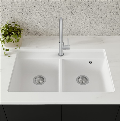 Platinum Quartz 790mm Double Bowl Sink - Arctic White