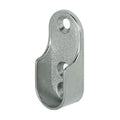 Rail End Support for Oval Wardrobe Rail | Nickel plated.. Material: Zinc alloy Finish: Nickel plated Mounting: Screw fixing to side panel, into 32 mm series drilled holes, with 3 screw holes Dimensions: 19 x 13 x 43 mm Packing: 1 piece Suitable with follo