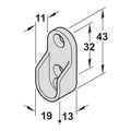 Rail End Support for Oval Wardrobe Rail | Nickel plated.. Material: Zinc alloy Finish: Nickel plated Mounting: Screw fixing to side panel, into 32 mm series drilled holes, with 3 screw holes Dimensions: 19 x 13 x 43 mm Packing: 1 piece Suitable with follo