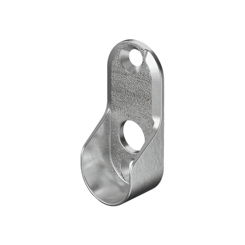 Durable nickel-plated zinc alloy rail end support for oval 30 x 15 mm wardrobe rails, designed for secure side panel screw fixing and integrated Loox lighting cable outlet; compact and modern design fits standard 32 mm series drilled holes.