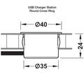 USB Charger Station Cover Ring: Round or Square Material/ Finish: Plastic, Matt BlackPlastic, Matt Nickel Plated Installation: For mounting in drilled hole, for clamp fixing Drill hole Ø: 35 mm Output voltage: 5 V Output Current: 2 A Power Consumption: 3M