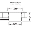 USB Charger Station Cover Ring: Round or Square Material/ Finish: Plastic, Matt BlackPlastic, Matt Nickel Plated Installation: For mounting in drilled hole, for clamp fixing Drill hole Ø: 35 mm Output voltage: 5 V Output Current: 2 A Power Consumption: 3M