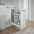 Peka Pinello Board white baking tray and chopping board pull-out with oak handles and storage bowls in a bright white kitchen