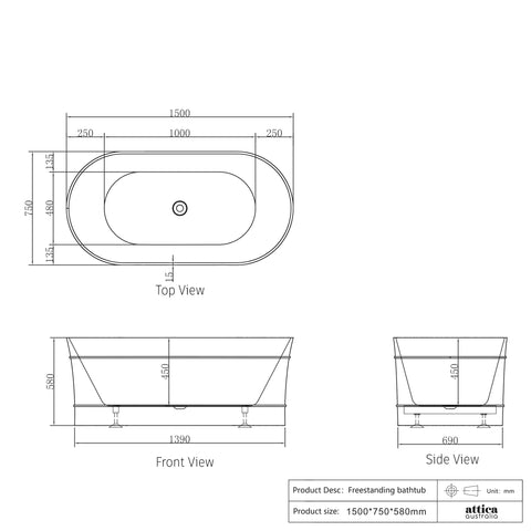 Bondi Freestanding Bath 1500mm Gloss White