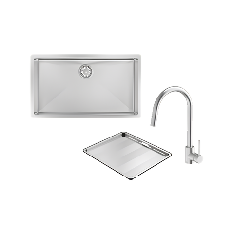 A stainless steel farmhouse sink with a rectangular apron-front basin, a matching high-arc gooseneck faucet, and a square drain basket, shown on a plain white background.