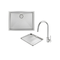 A polished stainless steel kitchen sink set featuring a rectangular drop-in sink with a circular drain, a matching high-arc gooseneck faucet, and a rectangular drain tray, all shown on a solid white background.
