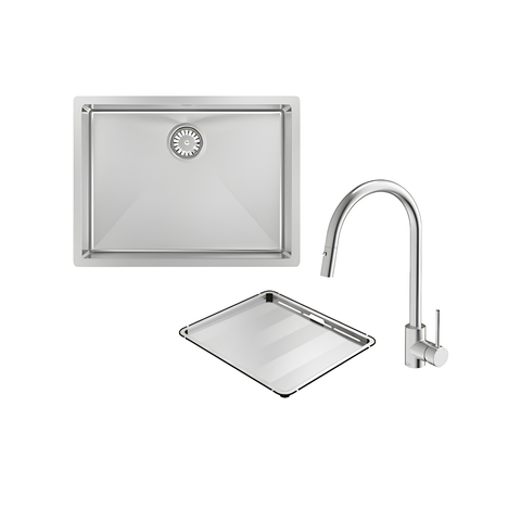 A polished stainless steel kitchen sink set featuring a rectangular drop-in sink with a circular drain, a matching high-arc gooseneck faucet, and a rectangular drain tray, all shown on a solid white background.