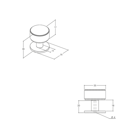 Dimensioned drawing — Momo Belgravia Knurled Round Knob Solid Brass 35mm in Bronze