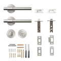 Belgravia solid brass lever set components including handles, locks, hinges, and screws by KitchenLibrary.