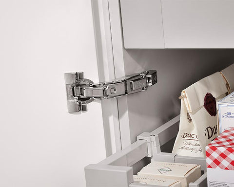 Blum CLIP top 155° 0-protrusion hinge. Overlay Application.