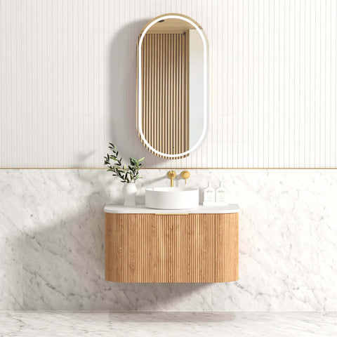 Bondi Woodland Oak Fluted Single Basin Vanity Vanity Otti Australia 900mm Quartz Stone Pure White-20mm 