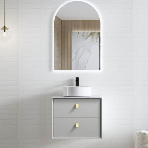 Boston Light Grey Single Basin Vanity Vanity Otti Australia 600mm Quartz Stone Pure White-20mm Above Counter