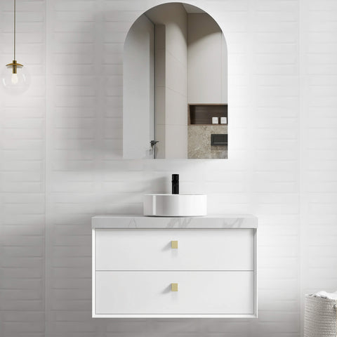 Boston Matte White Single Basin Vanity Vanity Otti Australia 900mm Quartz Stone Pure White-20mm Above Counter