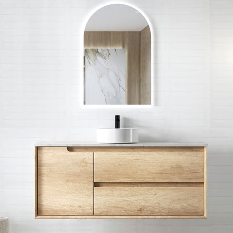 Byron Natural Oak Single Basin Vanity Vanity Otti Australia 1200mm Natural Carrara White Marble-18mm Above Counter