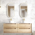 Byron Natural Oak Double Basin Vanity Vanity Otti Australia 1500mm Solid Surface Cloudy Carrara-20mm Above Counter