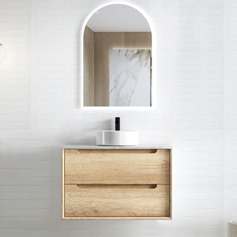 Byron Natural Oak Single Basin Vanity Vanity Otti Australia 750mm Natural Carrara White Marble-18mm Above Counter