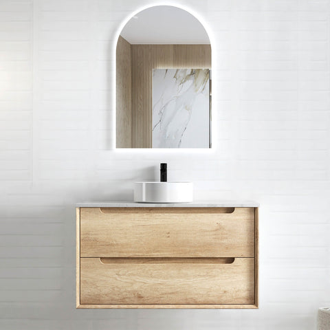 Byron Natural Oak Single Basin Vanity Vanity Otti Australia 900mm Natural Carrara White Marble-18mm Above Counter