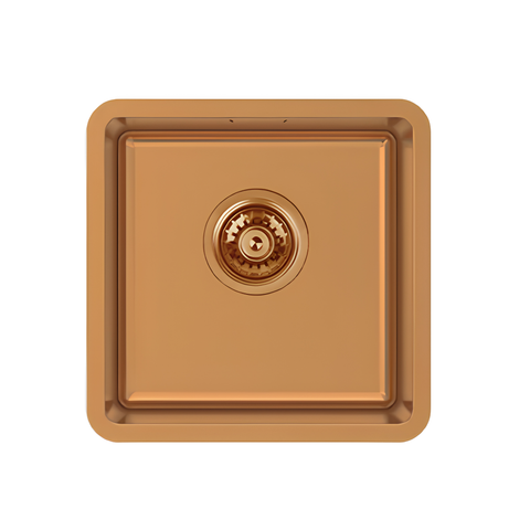 A square copper-colored kitchen sink basin with a matching circular drain, shown from a top-down perspective on a solid white background.