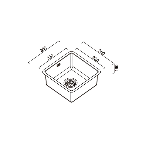 Black and white line drawing of a square kitchen sink with dimension labels showing 360 mm width, 320 mm depth, and 160 mm side depth.