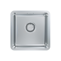 A square stainless steel kitchen sink with a rounded apron front and a central drain, shown from a top-down perspective on a white background.