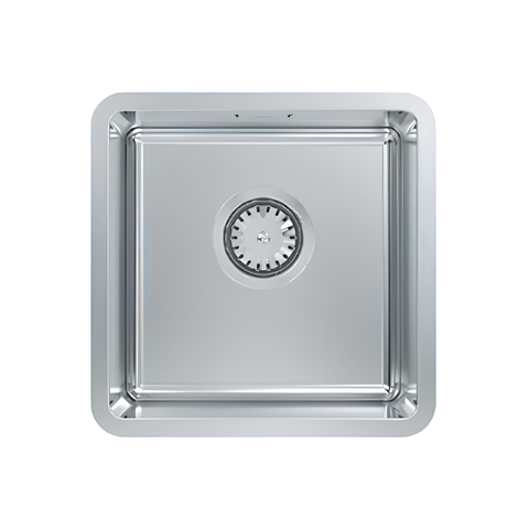 A square stainless steel kitchen sink with a rounded apron front and a central drain, shown from a top-down perspective on a white background.