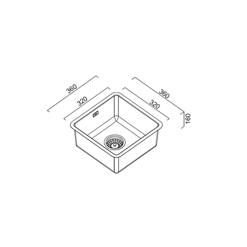 Black and white line drawing of a square kitchen sink with dimension annotations showing 360 mm width, 320 mm depth, and 160 mm height.