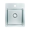 A square stainless steel undermount sink with a single drain, shown from a top-down view on a solid white background.