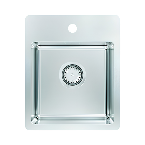A square stainless steel undermount sink with a single drain, shown from a top-down view on a solid white background.