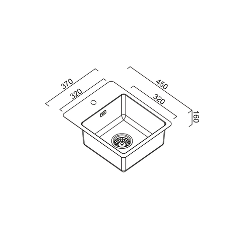 Black and white line drawing of a single-basin kitchen sink with dimension annotations showing width, depth, and front opening measurements.