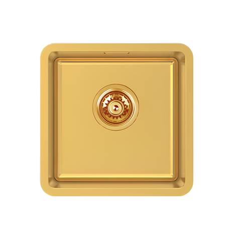 A square gold kitchen sink with a matching gold drain, shown from a top-down perspective on a solid white background.