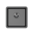 A square dark gray drop-in kitchen sink with a brushed metal drain, shown from a top-down perspective on a solid white background.