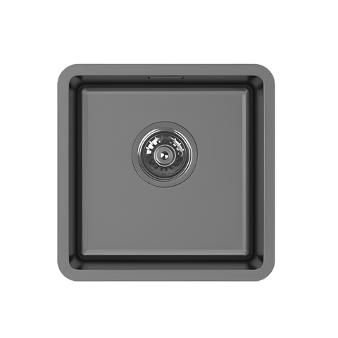 A square dark gray drop-in kitchen sink with a brushed metal drain, shown from a top-down perspective on a solid white background.