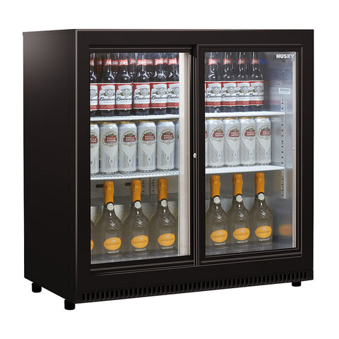 190L Sliding Glass Door Drinks Chiller in Black (HUS-C2-BLK-SD)