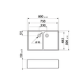 Technical dimension drawing of a double-basin sink with measurements, including overall width 800, basin width 750 and 230, depth 500, basin diameter 90, and backplate height 220, on a white background.