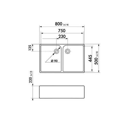 Technical dimension drawing of a double-basin sink with measurements, including overall width 800, basin width 750 and 230, depth 500, basin diameter 90, and backplate height 220, on a white background.