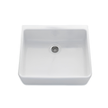 A white square ceramic farmhouse sink with a raised apron front and a central metal drain, shown from a top-down perspective on a white background.