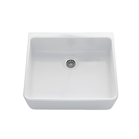 A white square ceramic farmhouse sink with a raised apron front and a central metal drain, shown from a top-down perspective on a white background.