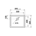 Technical dimension drawing of a square panel with rounded corners, showing measurements 595, 550, 420, 500, and 120, plus a circular hole marked Ø90.